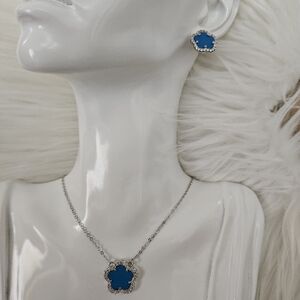 Chic Blue Silver Floral Necklace and Earring Set